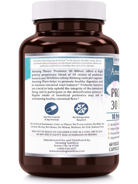 Amazing Flora, Probiotic 30 Billion, 10 Best Probiotic Strains, 60 Veggie Capsules