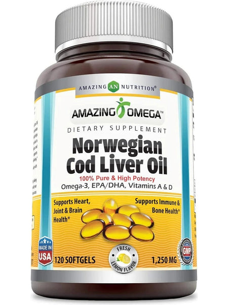 Amazing Omega, Norwegian Cod Liver Oil, 1250 mg, Fresh Lemon Flavor, 120 Softgels