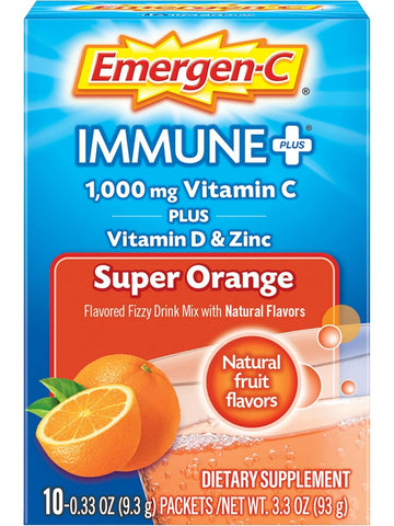 Emergen-C, Immune + Vitamin C plus Vitamin D and Zinc, 1,000 mg, Super Orange, 10 Packets