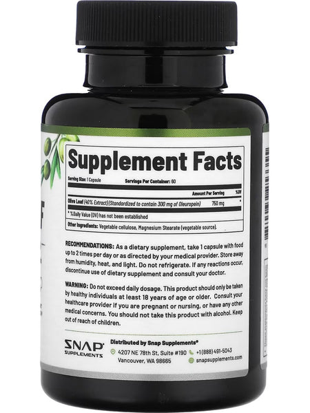 Snap Supplements, Maximum Strength Extract Olive Leaf 40% Oleuropein, 60 Servings