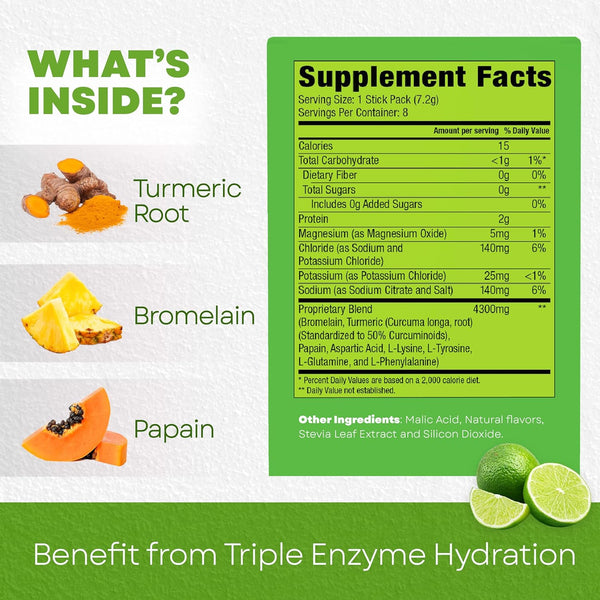 Bala Enzyme, Turmeric + Bromelain + Papain Triple Enzyme Hydration, Lime, 8 Single Serve Stick Packs