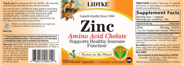 Lidtke, Zinc Amino Acid Chelate, 100 Vegan Capsules