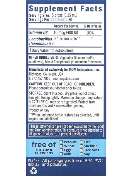 Mommy's Bliss, Baby Probiotic Drops, Everyday Digestion + Vitamin D, 400 IU, Age Newborn +, .34 fl oz