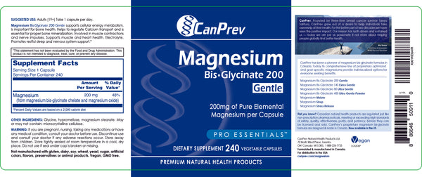 CanPrev, Magnesium Bis-Glycinate 200 Gentle, 200 mg, 240 Vegetable Capsules