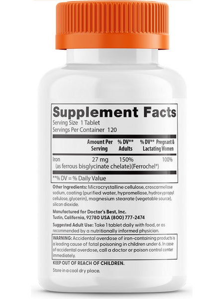Doctor's Best, Iron, Chelated, 120 tabs