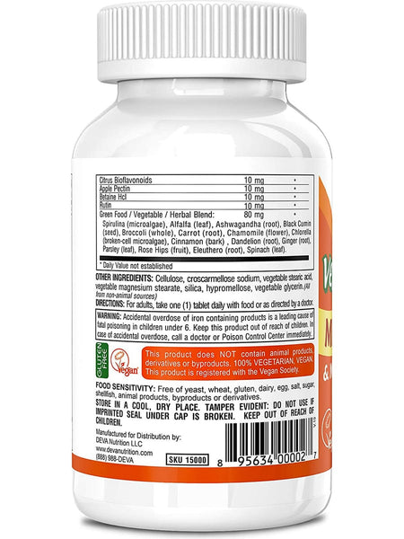 DEVA Nutrition, Vegan Multivitamin & Mineral Supplement With Greens, 90 Coated Tablets