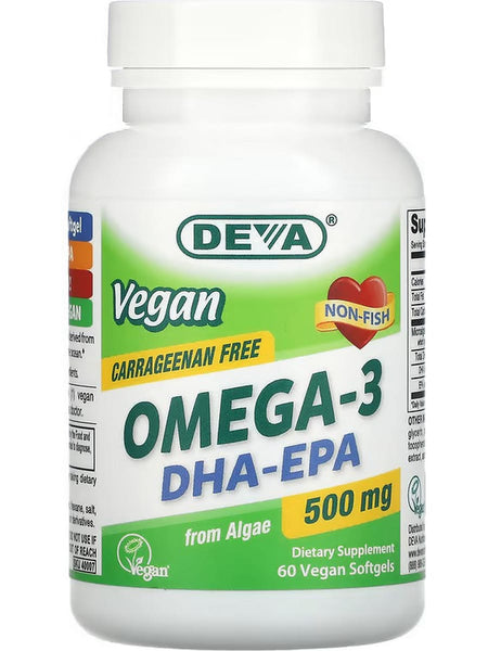 DEVA Nutrition, Vegan Omega-3 DHA-EPA, 500 Mg, 60 Vegan Softgels