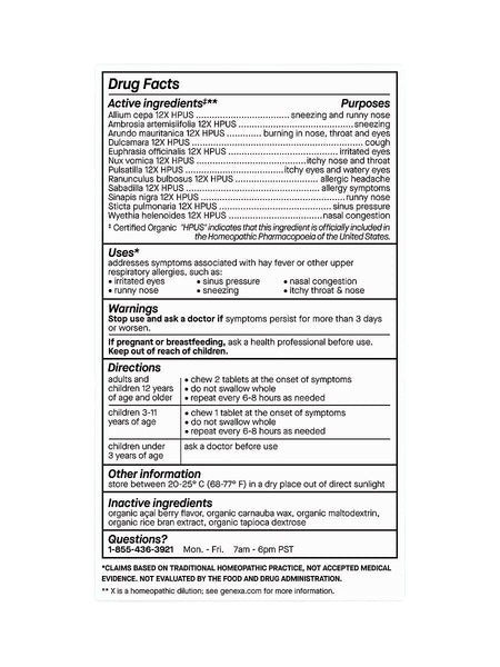 Genexa, Allergy Care, Organic Allergy & Decongestant, 60 Chewable Tablets