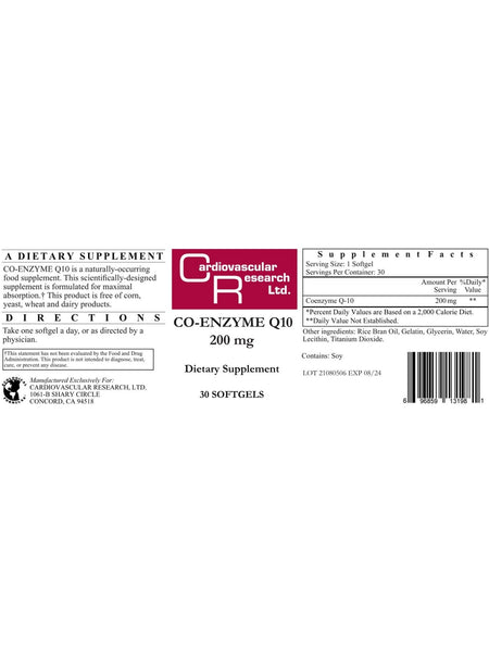 Cardiovascular Research Ltd., Co-Enzyme Q10, 200 mg, 30 Softgels