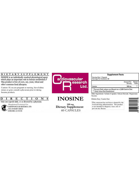 Cardiovascular Research Ltd., Inosine, 500 mg, 60 Capsules