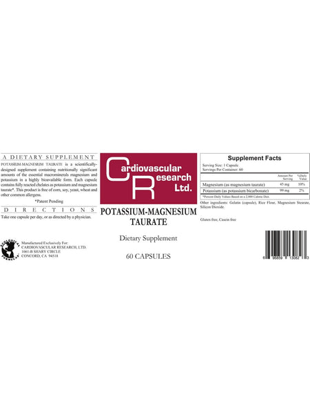 Cardiovascular Research Ltd., Magnesium-Potassium Taurate, 60 Capsules