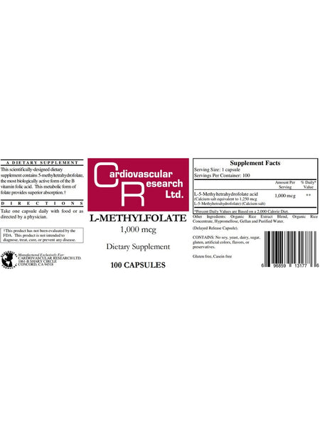 Cardiovascular Research Ltd., L-Methylfolate, 1,000 mcg, 100 Capsules