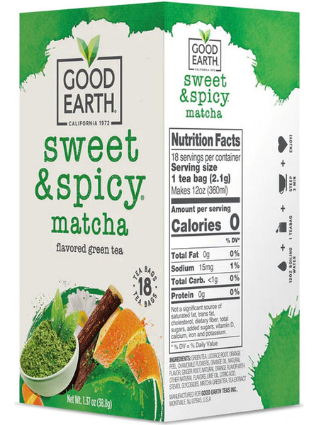 Good Earth Tea, Sweet & Spicy Matcha, Flavored Green Tea, 18 Teabags