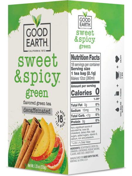 Good Earth Tea, Sweet & Spicy Green, Flavored Green Tea, Decaffeinated, 18 Teabags