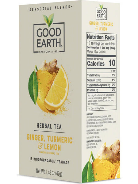 Good Earth Tea, Ginger, Turmeric & Lemon, Herbal Tea, 15 Biodegradable Teabags