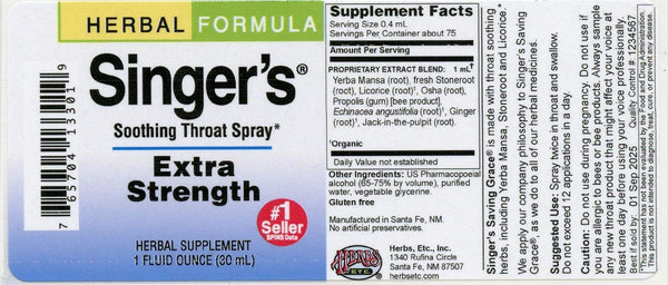 Herbs Etc., Singer's Soothing Throat Spray, Extra Strength, 1 Fluid Ounce