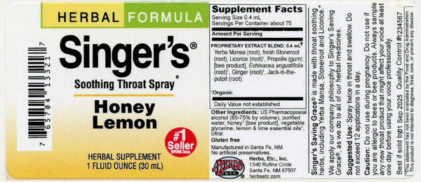 Herbs Etc., Singer's Soothing Throat Spray, Honey Lemon, 1 Fluid Ounce