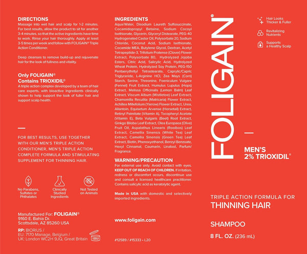 FOLIGAIN, Men's Triple Action Shampoo for Thinning Hair with 2% Trioxidil, 8 fl oz