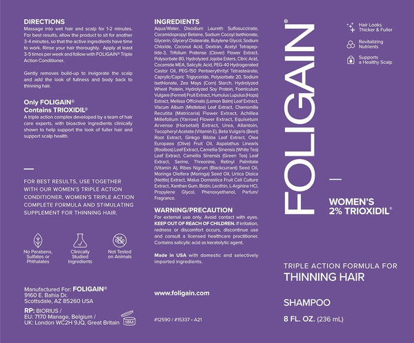 FOLIGAIN, Women's Triple Action Shampoo for Thinning Hair with 2% Trioxidil, 8 oz