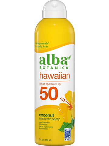 Alba Botanica, Hawaiian Broad Spectrum SPF 50, Coconut Sunscreen Spray, 5 fl oz