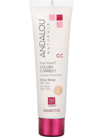 Andalou Naturals, 1000 Roses CC Color + Correct Sheer Beige SPF30, Sensitive, 2 fl oz