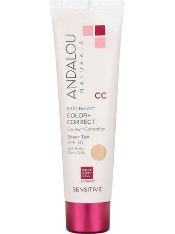 Andalou Naturals, 1000 Roses CC Color+ Correct Sheer Tan SPF30, Sensitive, 2 fl oz