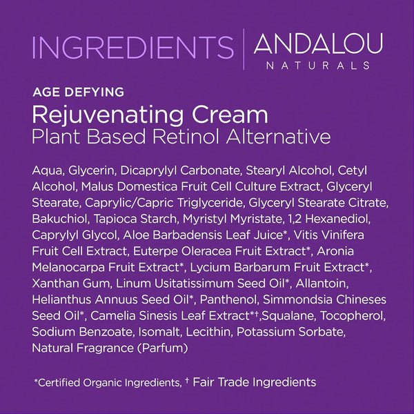 Andalou Naturals, Age Defying Rejuvenating Plant Based Retinol Alternative Face Cream, 1.7 oz