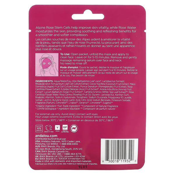 Andalou Naturals, 1000 Roses Instant Sooth & Smooth Sheet Mask, 0.6 fl oz