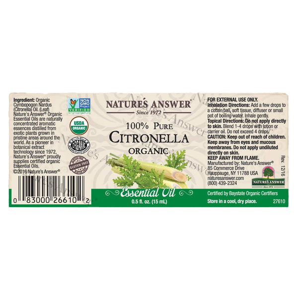 Nature's Answer, 100% Pure Citronella Organic, Essential Oil, 0.5 fl oz