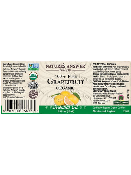 Nature's Answer, 100% Pure Grapefruit Organic, Essential Oil, 0.5 fl oz