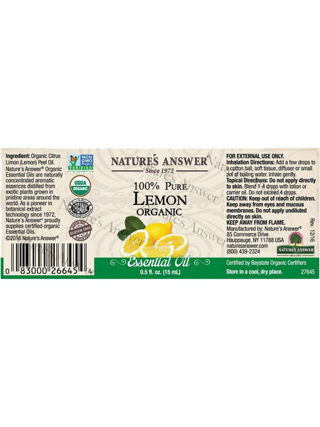 Nature's Answer, 100% Pure Lemon Organic, Essential Oil, 0.5 fl oz