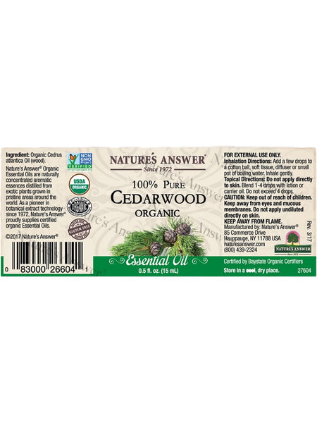 Nature's Answer, 100% Pure Cedarwood, Organic Essential Oil, 0.5 fl oz