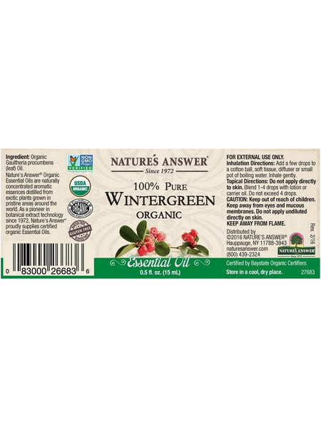 Nature's Answer, 100% Pure Wintergreen, Organic Essential Oil, 0.5 fl oz