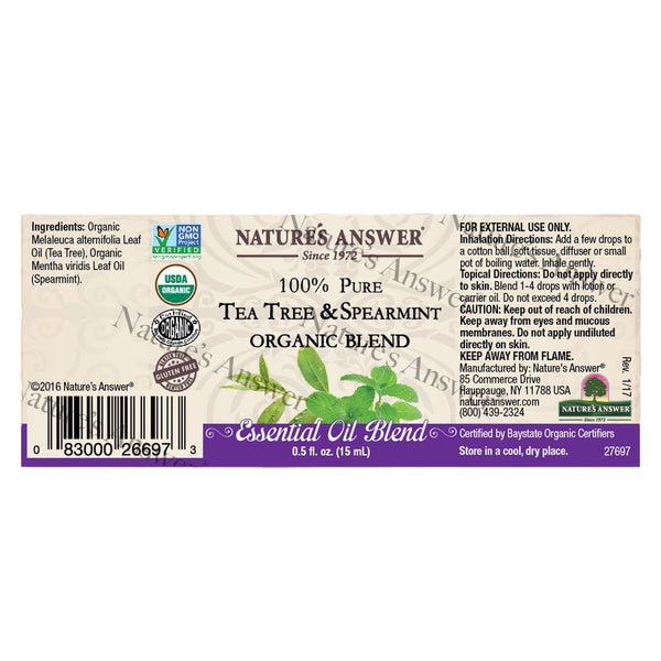 Nature's Answer, 100% Pure Tea Tree & Spearmint, Organic Blend Essential Oil, 0.5 fl oz