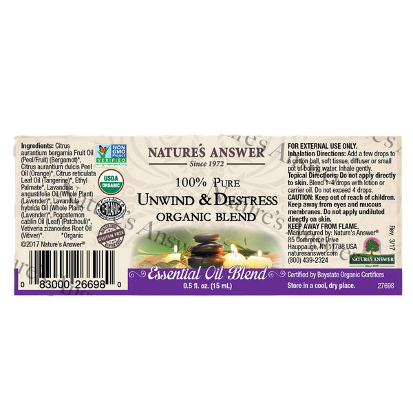 Nature's Answer, 100% Pure Organic Unwind & Destress Essential Oil, 0.5 fl oz