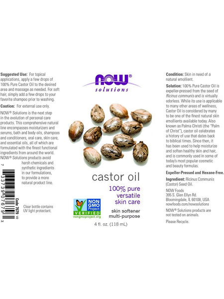 NOW Foods, Castor Oil, 100% Pure Versatile Skin Care, 4 fl oz