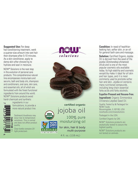 NOW Foods, Jojoba Oil, Organic, 100% Pure Moisturizing Oil, 4 fl oz