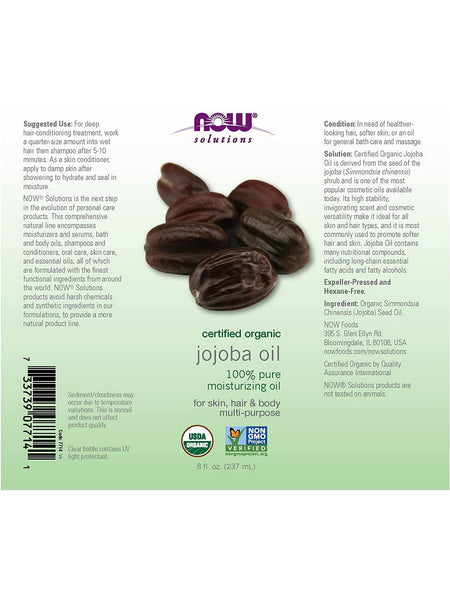 NOW Foods, Jojoba Oil, Organic, 100% Pure Moisturizing Oil, 8 fl oz