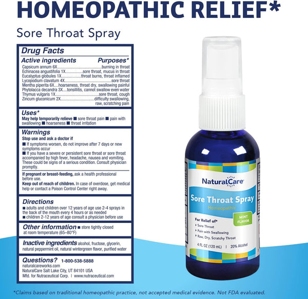 NaturalCare, Sore Throat Spray, Mint, 4 fl oz