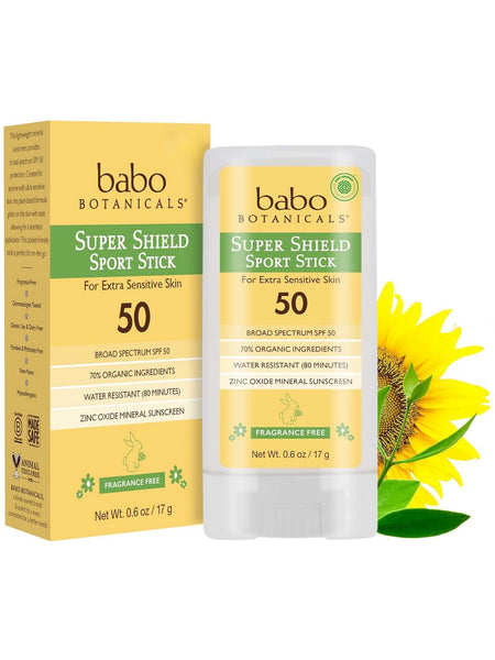 Babo Botanicals, Super Shield SPF 50 Sport Stick Sunscreen For Face & Body, 0.6 oz