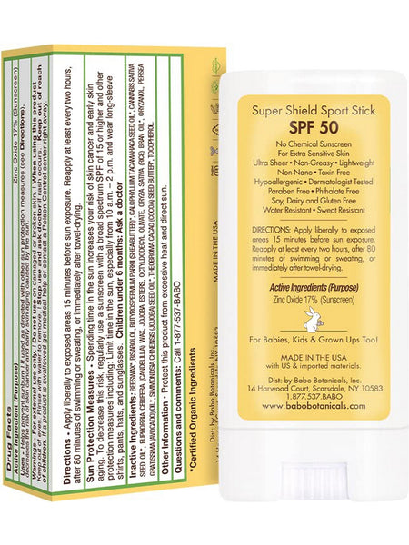 Babo Botanicals, Super Shield SPF 50 Sport Stick Sunscreen For Face & Body, 0.6 oz