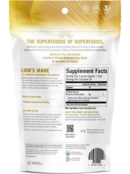 Om Mushroom Superfood, Lion's Mane Certified Organic Mushroom Powder, 3.5 oz