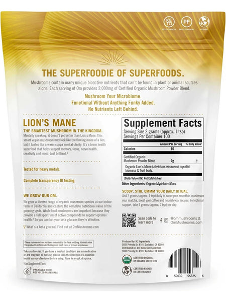 Om Mushroom Superfood, Lion's Mane Certified Organic Mushroom Powder, 7.05 oz