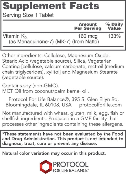 Protocol For Life Balance, MK-7 Vitamin K2, 160 mcg, 60 Tablets