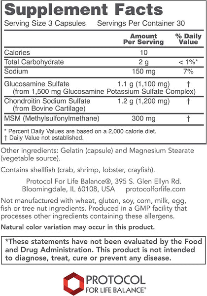 Protocol For Life Balance, Glucosamine & Chondroitin with MSM, 90 Veg Capsules