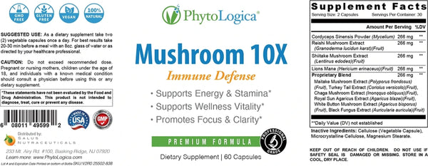 PhytoLogica, Mushroom 10X, Immune Defense, 60 Capsules