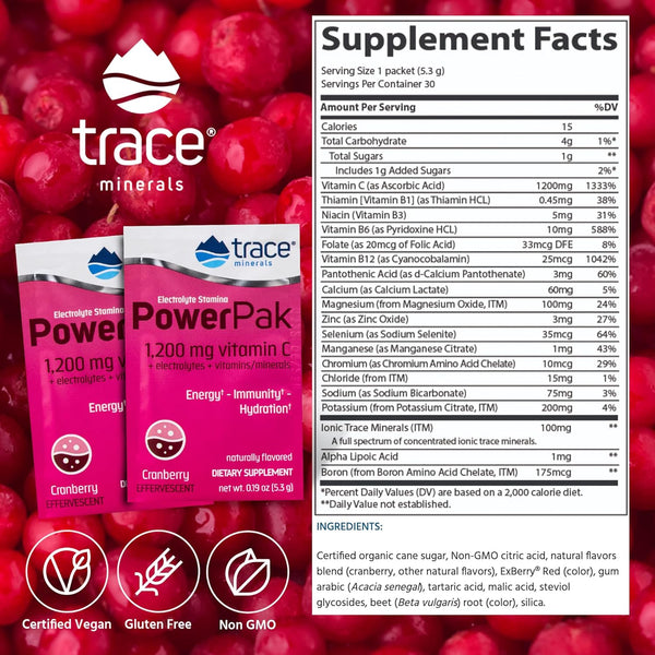 Trace Minerals, Electrolyte Stamina Power Pak, Cranberry, 30 Packets