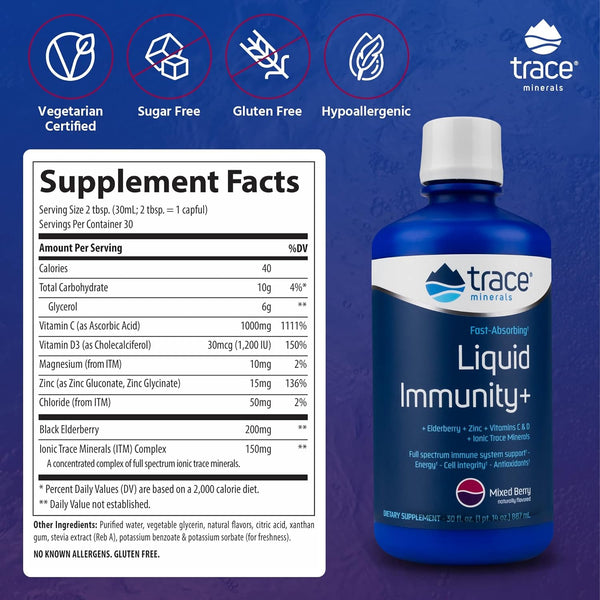 Trace Minerals, Liquid Immunity+, Mixed Berry, 30 fl oz