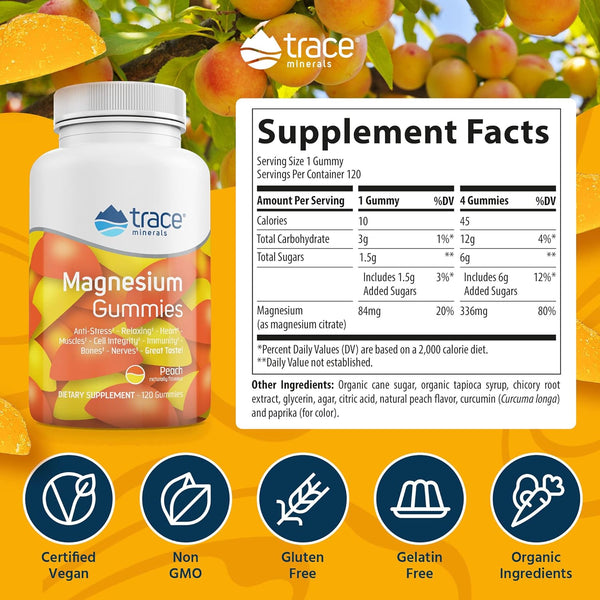 Trace Minerals, Magnesium Gummies, Peach, 120 Gummies