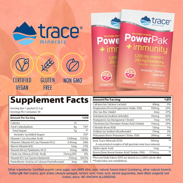 Trace Minerals, Electrolyte Stamina Power Pak + Immunity, Grapefruit, 30 Packets